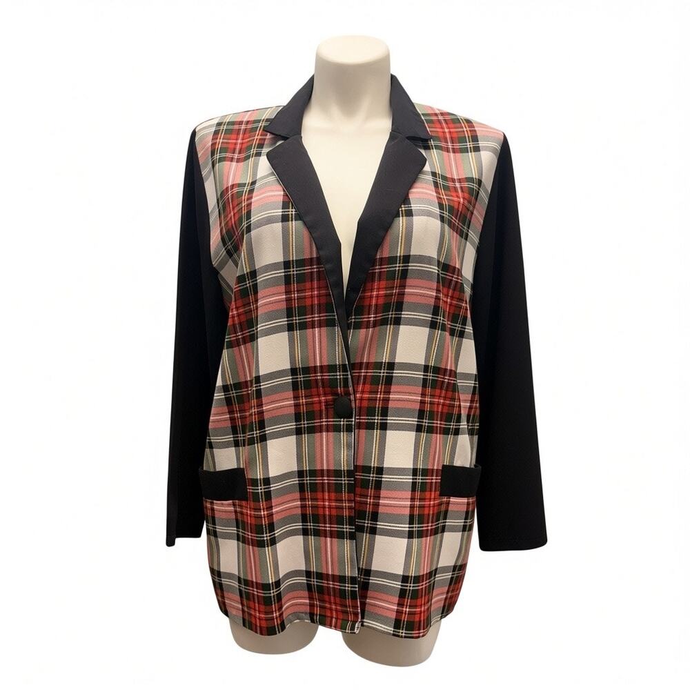 Vintage Christmas Plaid Blazer Tartan Holiday 90s Preppy Academia Jacket 16/18